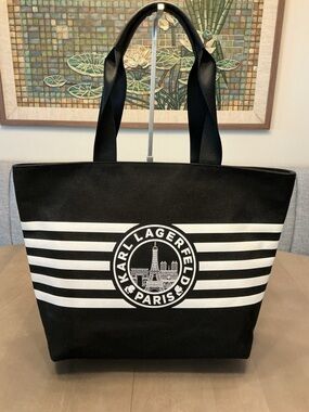 Karl Lagerfeld Black and White Striped Canvas Tote with Logo Emblem NWT